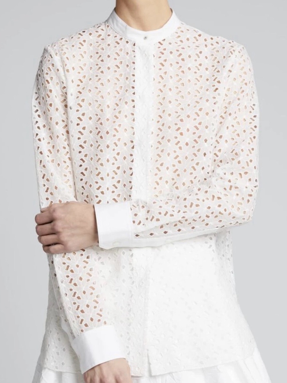 Theory Daisy White Eyelet Lace Cotton-Silk Combo Long Sleeve Shirt- Small
